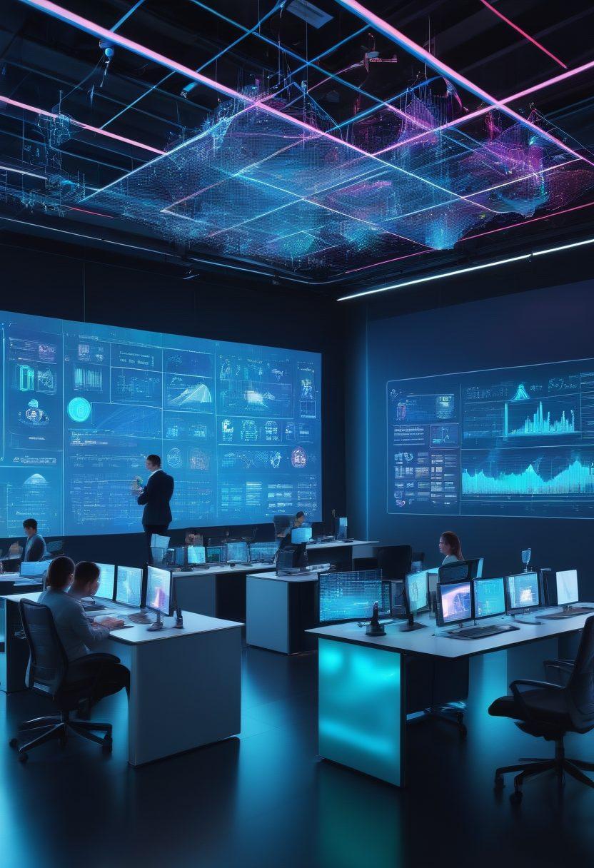 A futuristic corporate office setting, showcasing professionals analyzing complex financial graphs on holographic displays, with data flowing seamlessly through digital interfaces. Surround the scene with symbols of innovation like AI icons, cloud computing, and digital networks to emphasize advanced technology. Super-realistic. Vibrant colors. High-tech and modern design.