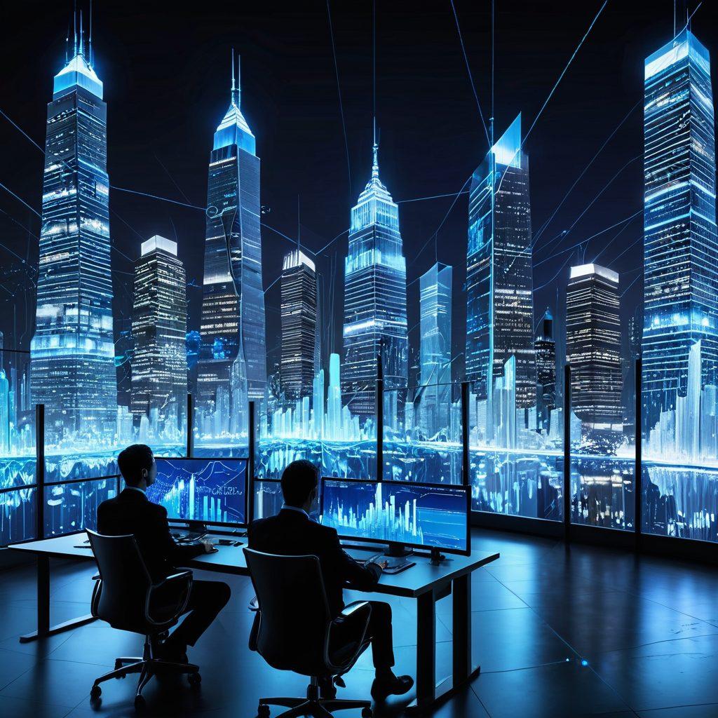 A futuristic cityscape with skyscrapers made of digital data, glowing in blue hues. In the foreground, see financial analysts working on transparent holographic screens projecting complex charts and graphs. Data streams flow like rivers through the city, connecting various financial hubs. super-realistic. vibrant colors. high-tech.