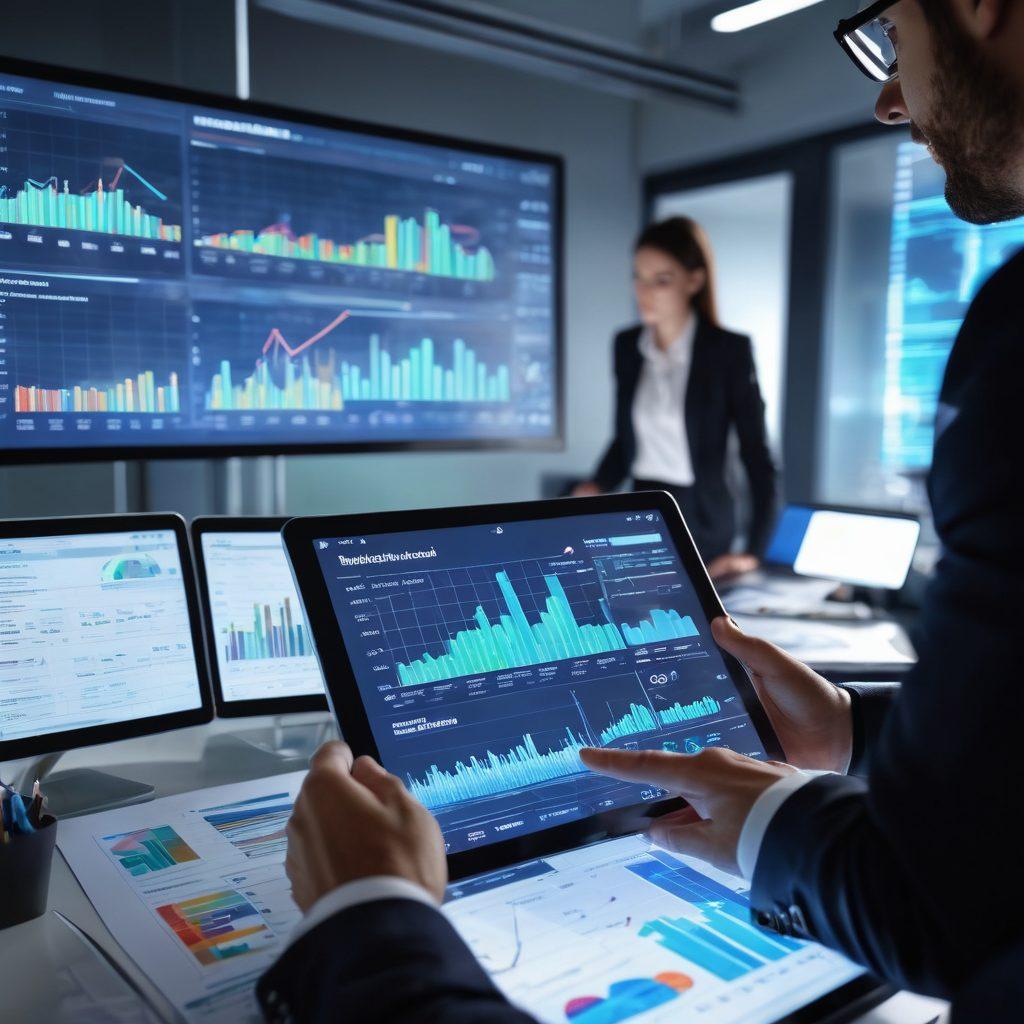 A dynamic modern office setting showcasing a holographic financial dashboard with charts and graphs. A confident business professional is using a tablet, analyzing data with a look of determination. In the background, a team collaborates over web-based financial reports on multiple screens. The ambiance reflects cutting-edge technology and strategic planning. super-realistic. vibrant colors. high-tech atmosphere.